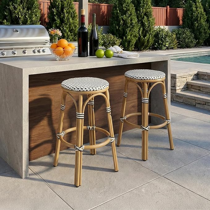 PURPLE LEAF Outdoor French Round Bar Stool Set of 2 Oversized 30" Armless Stackable Rattan Barstools Bamboo Print - Photo 3