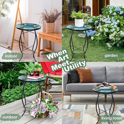 VCUTEKA Patio Side Table Outdoor Accent Table Small Mosaic Table Coffee Table End Table Porch Table Indoor Outdoor Round Glass Balcony Bistro Plant Stands Blue Transparent Turtle 14 inches