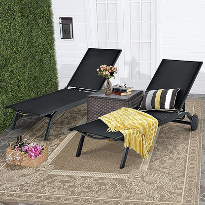 Tangkula Outdoor Aluminum Chaise Lounge, Patio Lounge Recliner Chair w/6 Adjustable Backrest, Reclining Chaise Chair with Wheels for Beach, Yard, Balcony, Poolside (2, Black)