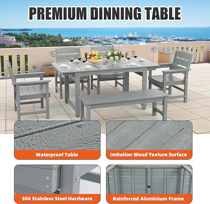 51" 2-Person Outdoor Bench, Weatherproof HIPS Patio Dining Bench Holds up to 800LBS, Poly Lumber Garden Bench with Wood Grains for Porch, Garden, Deck, Entryway, Grey