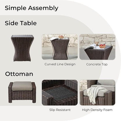 CHITA 5 Pieces Swivel Wicker Patio Furniture Set, Outdoor Conversation Set with 2 Pieces Rattan Rocking Swivel Chairs, 2 Pieces Ottomans, Thickened Cushions and Side Table