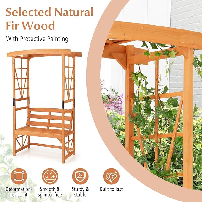 6.25ft Garden Arbor with Bench, Wooden Arch w/Side Trellis for Climbing Plants & Vines, 2-Person Outdoor Seating, Country Botanicals Decoration for Backyard, Deck, Patio