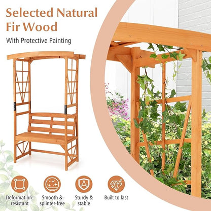 6.25ft Garden Arbor with Bench, Wooden Arch w/Side Trellis for Climbing Plants & Vines, 2-Person Outdoor Seating, Country Botanicals Decoration for Backyard, Deck, Patio