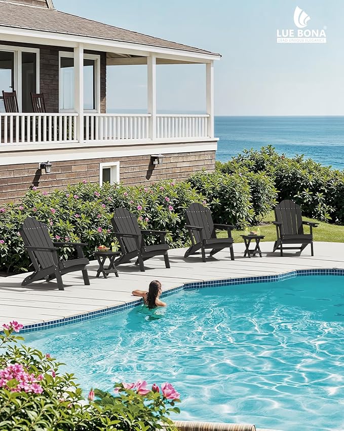 LUE BONA Folding Adirondack Chair, Cup Holder, Woodgrain, Fire Pit, Patio, Pool, Black - Photo 6