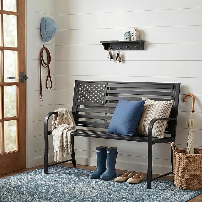 50" Garden Bench Outdoor Bench with American Flag Style, Cast Iron Metal Frame Sturdy Patio Park Bench Arch Legs for Porch,Lawn,Garden,Yard (Black)