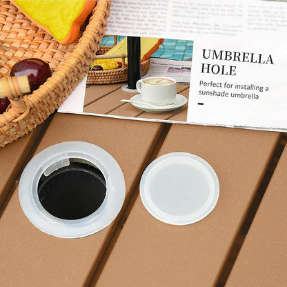 Outsunny 22" Outdoor Side Table with Umbrella Hole, Rattan Wicker End Table with Sand Bag and Steel Frame for Outdoor, Patio, Garden, Backyard, Brown & Light Yellow