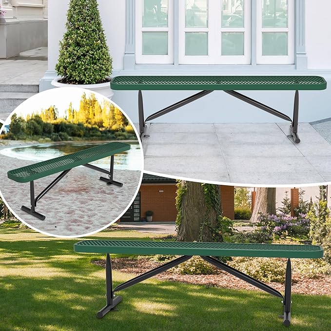 6ft Outdoor Metal Park Bench, 72" L Green Backless Bench Weatherproof Porch Furniture Patio Seating, Commercial Heavy Duty Bench for Outside, Lawn, Backyard, Park, Deck, Garden, Patio, School