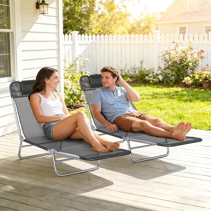 Outsunny 2 Piece Folding Chaise Lounge Chairs, Pool Sun Tanning Chairs with Reclining Back, Breathable Mesh Seat - Photo 7