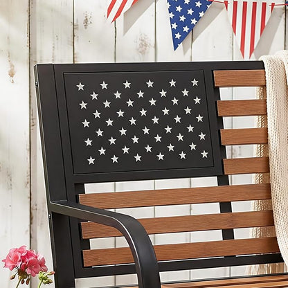 50" Garden Bench Outdoor Bench with American Flag Style, Cast Iron Metal Frame Sturdy Patio Park Bench Arch Legs for Porch,Lawn,Garden,Yard (Yellow-Brown)