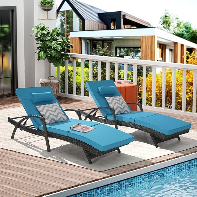 KEIKI Wicker Outdoor Chaise Lounge Chairs Set of 2 for Patio & Pool Side with 5-Level Adjustable Backrest and Cushions - Photo 3