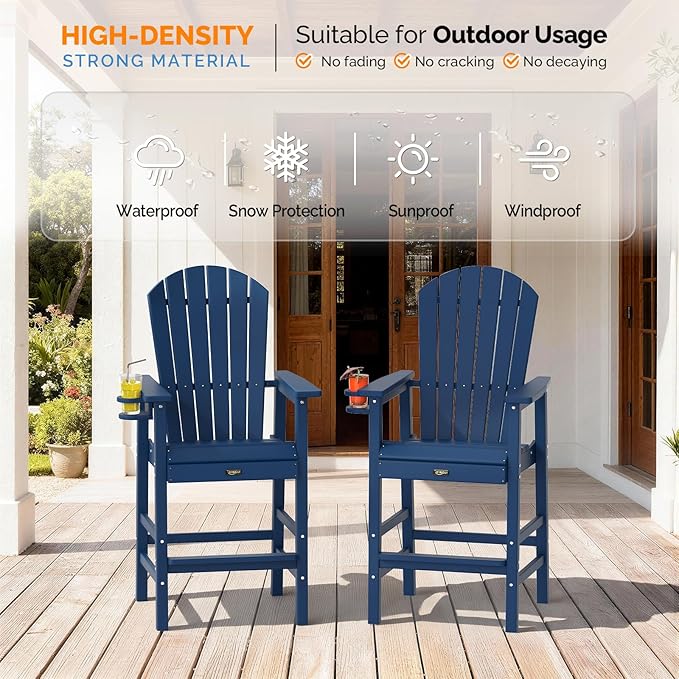 VINGLI Tall Adirondack Chair, All-Weather Plastic Adirondack Chair with Cup Holder Heavy-Duty Outdoor Barstools for - Photo 6