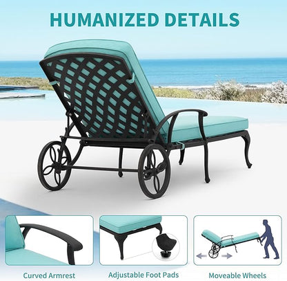 HOMEFUN Chaise Lounge Chair Outdoor - Poolside Chairs Set of 2 with Cushion Cast Aluminum Waterproof Lounger with Wheels and Adjustable Reclining, Pack of 2 (Cyan Cushion)