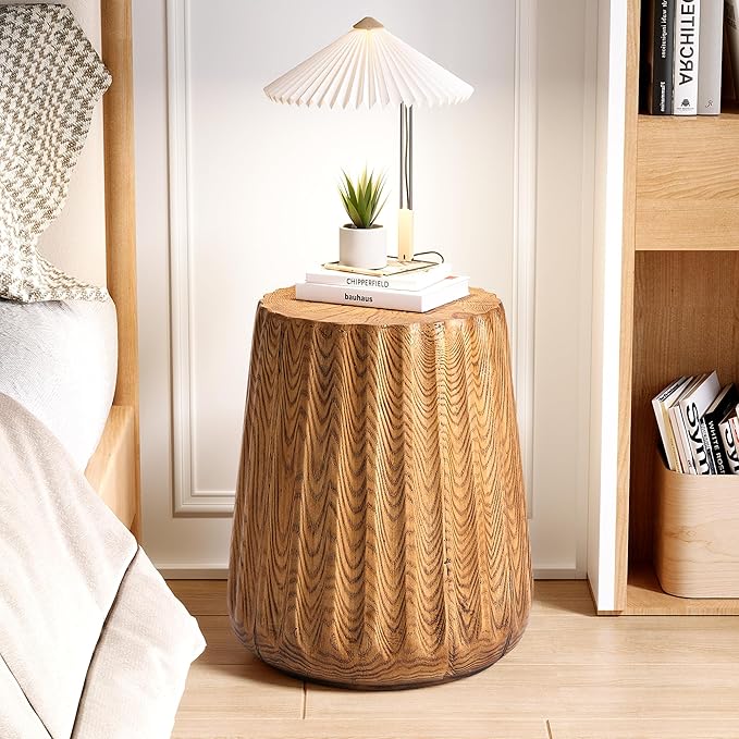 COSIEST Wooden Outdoor Side Table, Round MgO Concrete End Patio Side Table, Lightweight Cylinder Top Plant Stand with Rotund Base for Garden and Deck