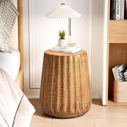 COSIEST Wooden Outdoor Side Table, Round MgO Concrete End Patio Side Table, Lightweight Cylinder Top Plant Stand with Rotund Base for Garden and Deck