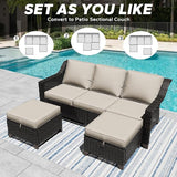 3 Pieces Outdoor Conversation Furniture Set - 77" Patio Sofa, 2 Rattan Wicker Ottomans - Photo 3