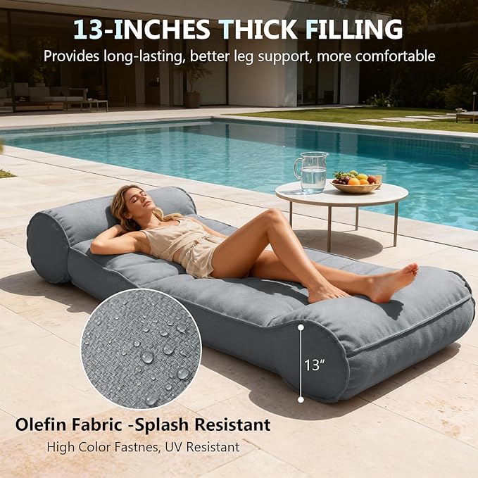 Dineli 83'' Outdoor Chaise Lounge Chair Patio Lounger for Outside, Pool Lounge Chairs Lazy Floor Lounger Meditation & Yoga Chair Waterproof Sunbed Outdoor Lounge Furniture for Garden Beach, Dark Gray