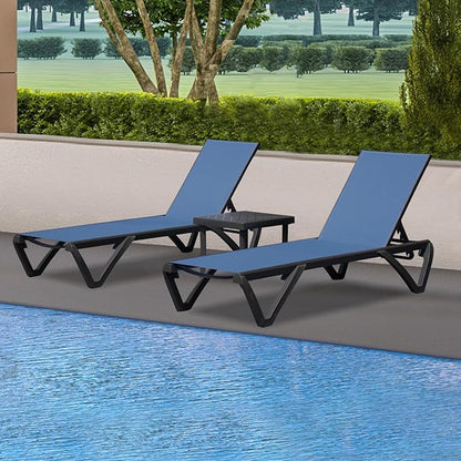 Domi Pool Lounge Chairs Set of 3, Aluminum Chaise Lounge Outdoor with Side Table, Patio Lounge Chair for Outside 5 Position Adjustable & Wheels, Pool Chairs for Poolside Garden