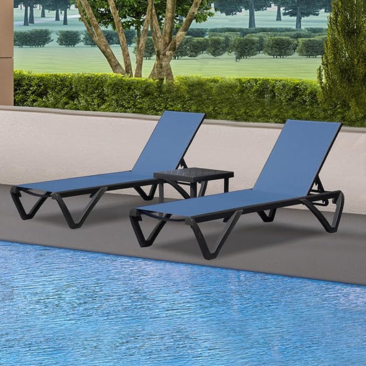 Domi Pool Lounge Chairs Set of 3, Aluminum Chaise Lounge Outdoor with Side Table, Patio Lounge Chair for Outside 5 Position Adjustable & Wheels, Pool Chairs for Poolside Garden