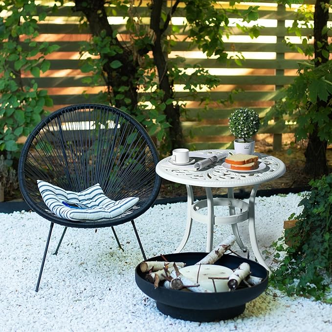 VINGLI 23.6" Cast Aluminum Side Table with Umbrella Hole - All Weather Round Patio Coffee Bistro End Table (White)