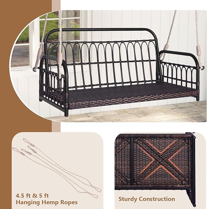 DORTALA 2-Person Porch Swing Outdoor, Patio Wicker Hanging Swing Bench with Cushions, Metal Frame, Ropes - Photo 5