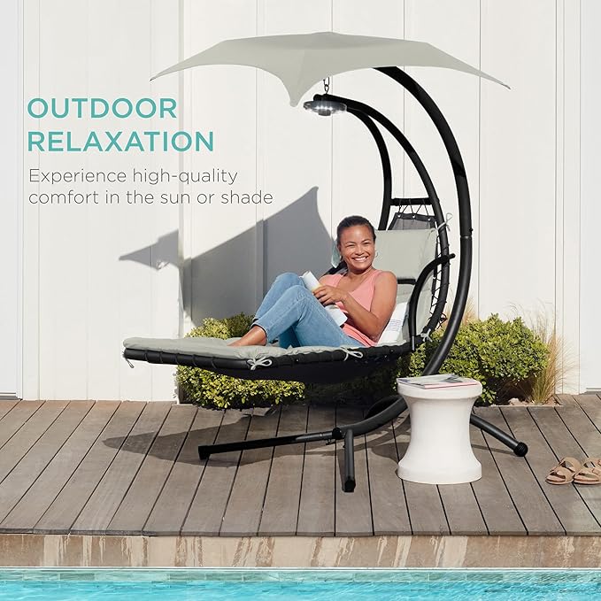 Best Choice Products Hanging LED-Lit Curved Chaise Lounge Chair Swing for Backyard, Patio, Lawn w/ 3 Light Settings, Weather-Resistant Pillow, Removable Canopy Shade, Steel Stand - Ivory