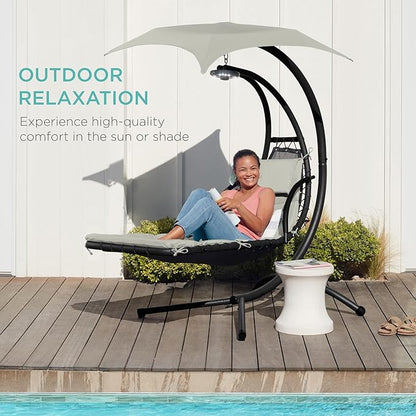 Best Choice Products Hanging LED-Lit Curved Chaise Lounge Chair Swing for Backyard, Patio, Lawn w/ 3 Light Settings, Weather-Resistant Pillow, Removable Canopy Shade, Steel Stand - Ivory