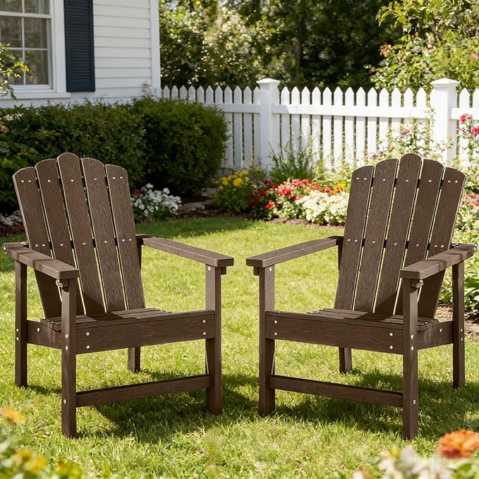 Stackable Adirondack Chairs Set of 2, Weather-Resistant Outdoor Patio Seating, Low Maintenance Poly Lumber Chairs for Porch, Deck, Garden, Fire Pit (Brown)