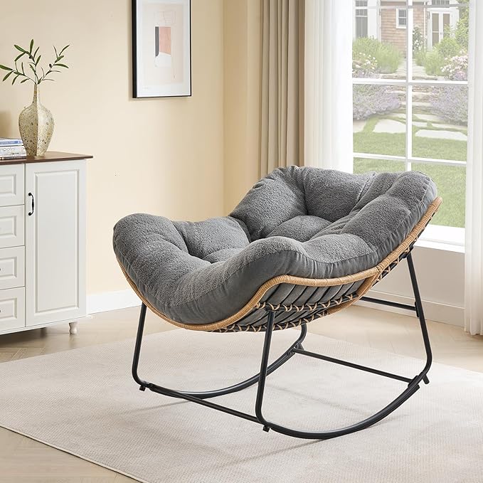 ONBRILL Outdoor Rocking Chairs, Oversized Papasan Rocking Chair Indoors with Padded Cushions, Rattan Wicker Lounge Chair for Living Room, Porch, Patio, Garden, Gray