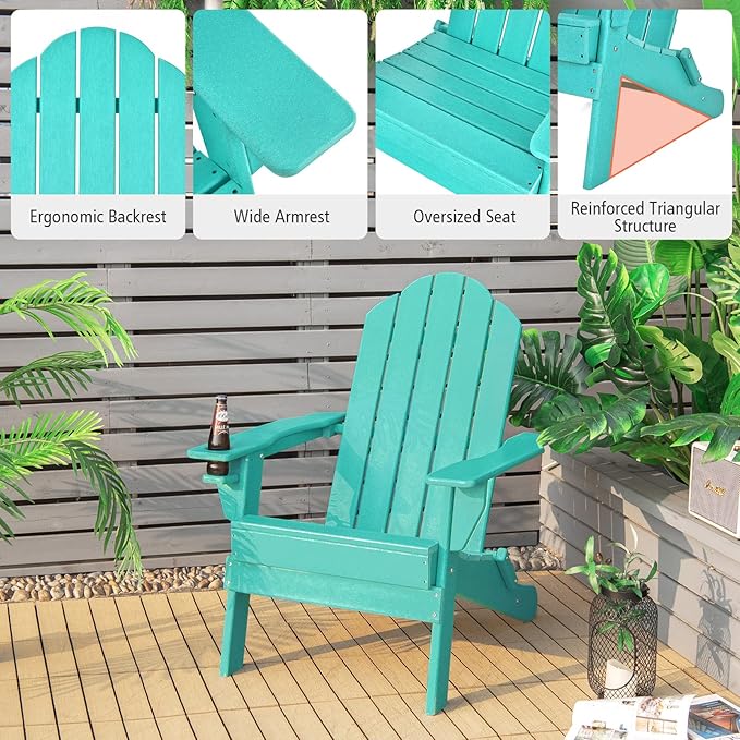 Giantex Adirondack Chair Outdoor Folding Chairs, HDPE Weather Resistant Patio Chair with Built-in Cup Holder Lawn Chair for Patio, Backyard, Balcony, Deck Outside Plastic Fire Pit Chair(1, Turquoise)