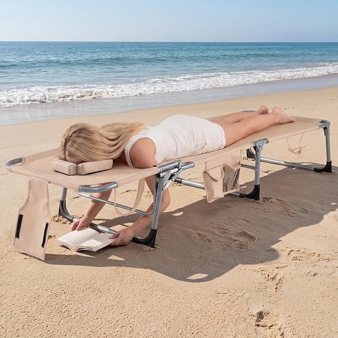 Giantex Face Down Tanning Chair, Folding Beach Lounge Chair w/ 4-Position Adjustable Backrest, Outdoor Sunbathing Lounge Chair w/Face Arm Holes & Storage Pocket for Patio Deck Poolside (1, Sand)