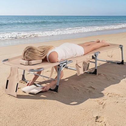 Giantex Face Down Tanning Chair, Folding Beach Lounge Chair w/ 4-Position Adjustable Backrest, Outdoor Sunbathing Lounge Chair w/Face Arm Holes & Storage Pocket for Patio Deck Poolside (1, Sand)