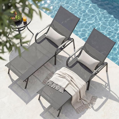Outdoor Chaise Lounge Chair Adjustable Pool Lounge Chairs with Lumbar Pillow Outside Tanning Chairs for Beach Deck Backyard Lawn (Grey, 2 pcs)