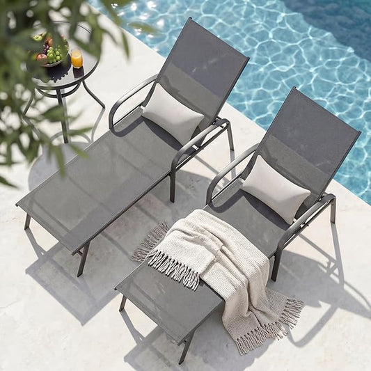 Outdoor Chaise Lounge Chair Adjustable Pool Lounge Chairs with Lumbar Pillow Outside Tanning Chairs for Beach Deck Backyard Lawn (Grey, 2 pcs)