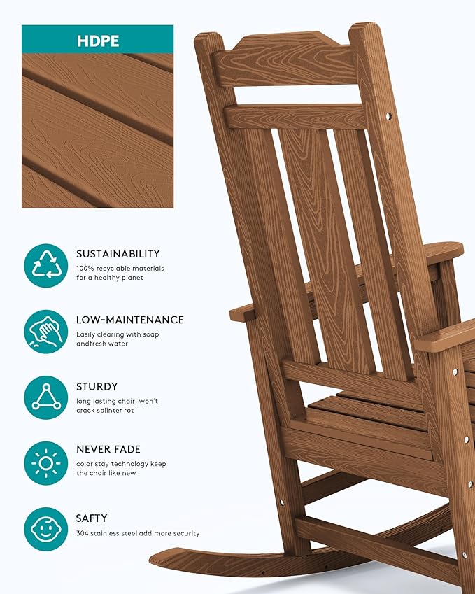 SERWALL HDPE Outdoor Rocking Chair for Adults, Outdoor Rocking Chairs Set of 6, Patio Rocking Chair Sets, Brown