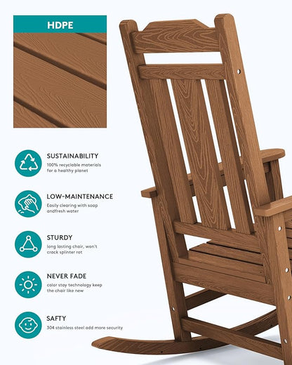 SERWALL HDPE Outdoor Rocking Chair Brown Set of 8, All Weather Patio Rocking Chair, Poly Rocking Chair for Adults