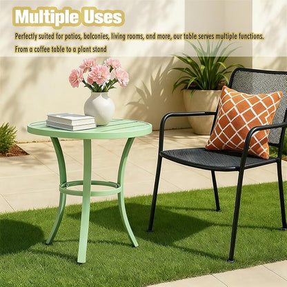 Outdoor Side Tables, Weather Resistant Iron Patio End Table, Portable Small Round Outdoor Metal Accent Bistro Coffee Plant Tables for Patio Yard Balcony Garden Bedside (Light Green)