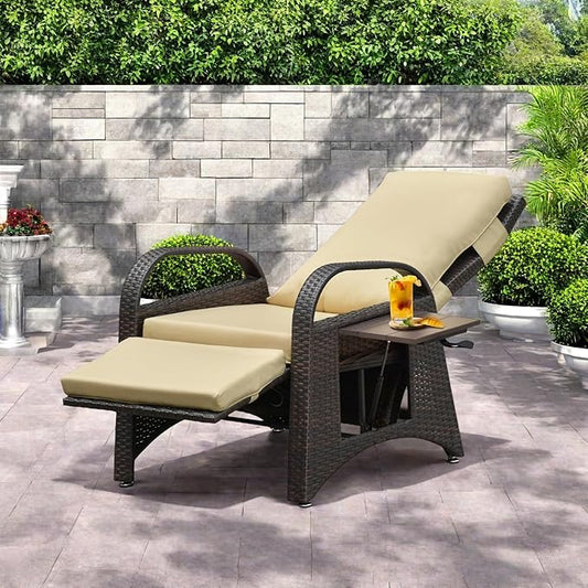 ATR ART TO REAL Outdoor Recliner Chairs, PE Wicker Reclining Lounge Chair with Removable Soft Cushion, Adjustable Outside Recliners for Patio, Porch, Poolside, Balcony, Lawn (Khaki, 1 PC)