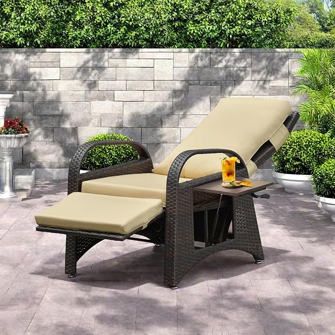 ATR ART TO REAL Outdoor Recliner Chairs, PE Wicker Reclining Lounge Chair with Removable Soft Cushion, Adjustable Outside Recliners for Patio, Porch, Poolside, Balcony, Lawn (Khaki, 2 PCS)