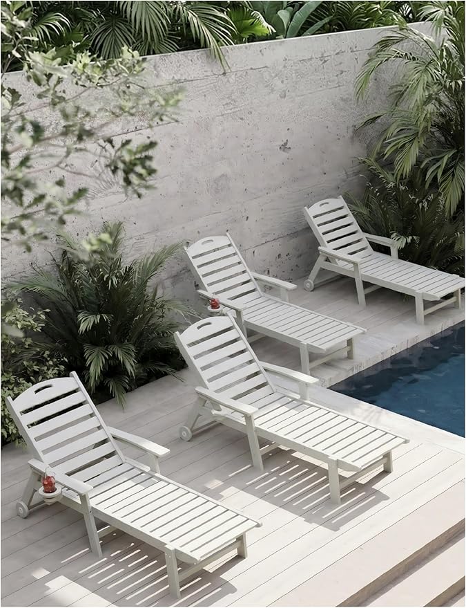 Patio Chaise Lounge Chair Set of 4, HDPE Outdoor Lounge Chairs with 5-Position Adjustable Backrest, Cup Holder and Wheels, 450lbs Capacity for Poolside Deck Backyard, All Weather Material(White)