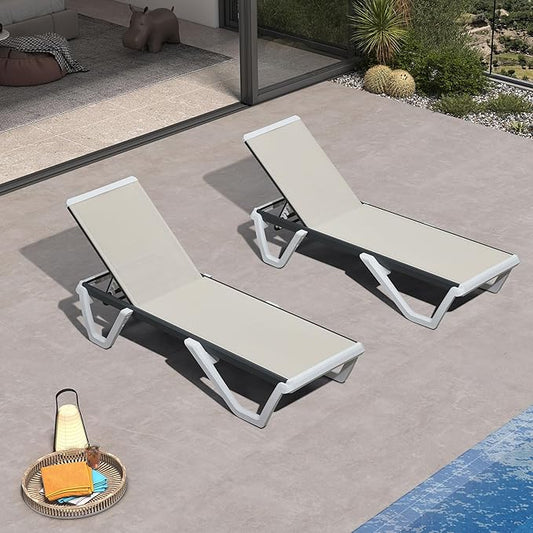 PURPLE LEAF Outdoor Chaise Lounge Set of 2 Plastic Pool Lounge Chair with Aluminum Frame Stackable Poolside Tanning Chairs for Beach Deck Yard Sunbathing, Khaki