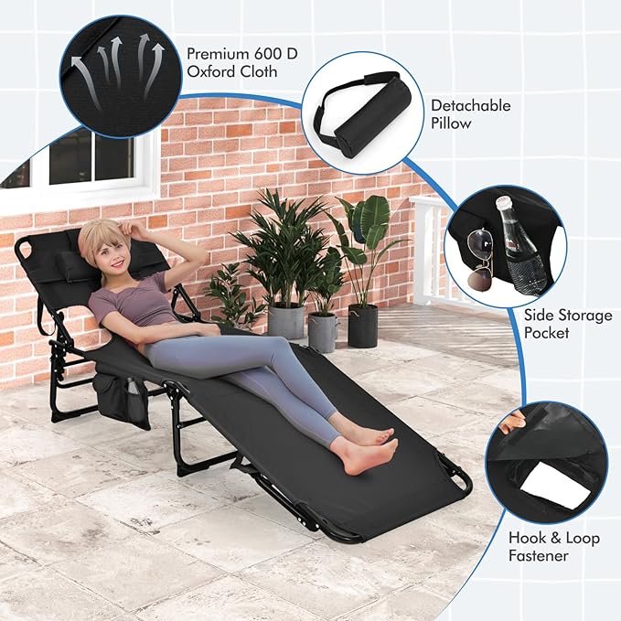 Goplus Tanning Chair, Folding Adjustable Patio Lounge Chair with Face Hole, Removable Pillow, 330LBS, Carry Strap, Outdoor Sunbathing Chair, Lightweight Portable Beach Lounge Chair, No Assembly