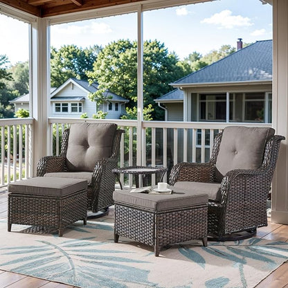 Belord 5 Piece Wicker Patio Furniture Set, Outdoor Swivel Rocker Chairs Set of 2 with Ottomans and Side Table, All Weather Patio Conversation Furniture Set, for Porch Pool, Brown Wicker/Gray