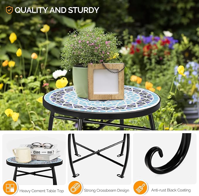 VINGLI Mosaic Accent Table, 14" Round Side Table,End Table, Plant Stand Decor for Patio Porch Beach Theme Balcony Back Deck Pool Indoor Outdoor Coffee, Metal Cobalt Glass Top Black Iron(Blue Ocean)