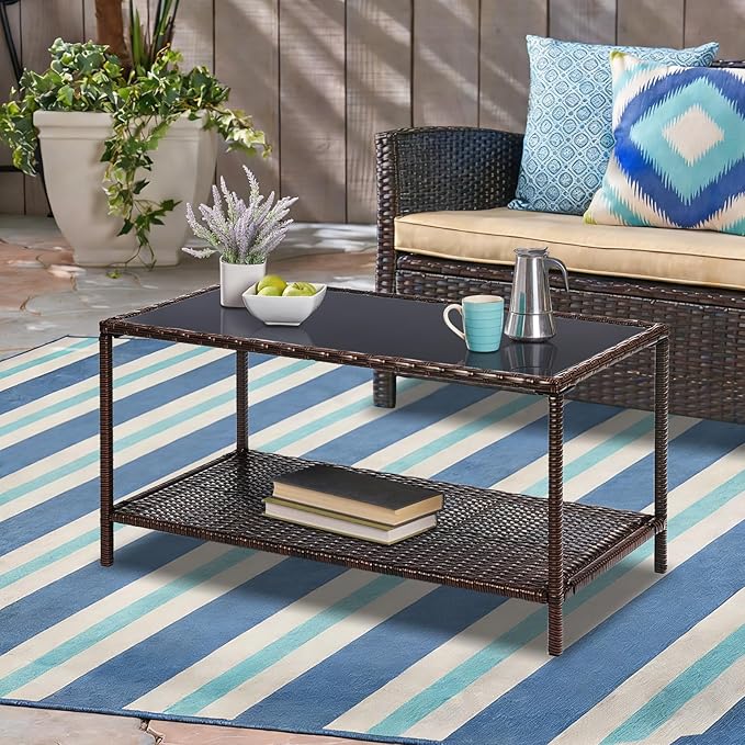 SUNNYPARK Outdoor Rattan Coffee Table 36’’ All-Weather Wicker Patio Side Tables with Glass Top and Storage Shelf Furniture for Living Room Balcony Backyard Poolside
