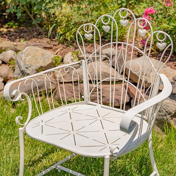 Zaer Ltd. Vintage Style Metal Patio Furniture with Heart Design Accents, Outdoor/Indoor Decor (Distressed White - Photo 2