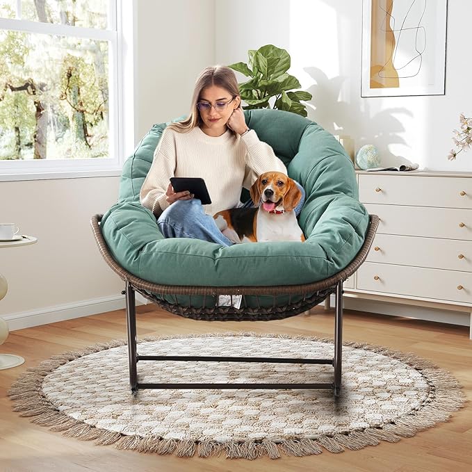 Large Indoor Outdoor Rocking Chair, Oversized Rocking Papasan Chair with Thick Cushion and Frame Outdoor Rocker, Comfy Wicker Egg Chairs Lounge for Outside Porch Patio Backyard (Light Green, Set of 2)