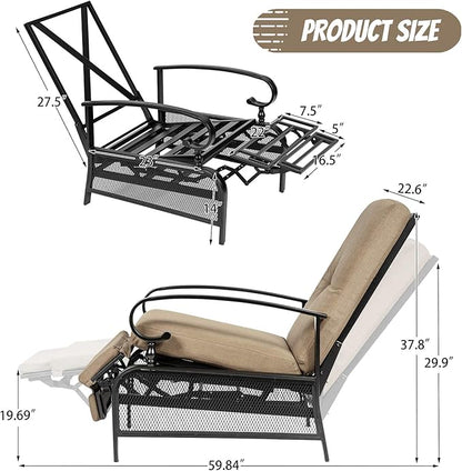 Incbruce Outdoor Lounge Chair Patio Furniture Adjustable Recliner with Retractable Steel Frame and Removable Thick Cushions - Brown