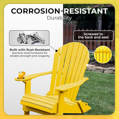 Ecommersify Folding Adirondack Chair with Cup Holder - (Yellow) - Heavy Duty Recycled Poly Lumber Folding Chair - Amish Crafted Outdoor Furniture - Made in USA
