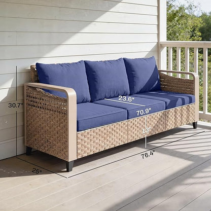 Outsunny Outdoor Patio Couch with Wide and Deep Seat, 3 Seater Wicker Outdoor Sofa with Wide Metal Armrests, Patio Furniture Couch with Cushions for Porch, Garden, Backyard, Dark Blue | Removable Covers