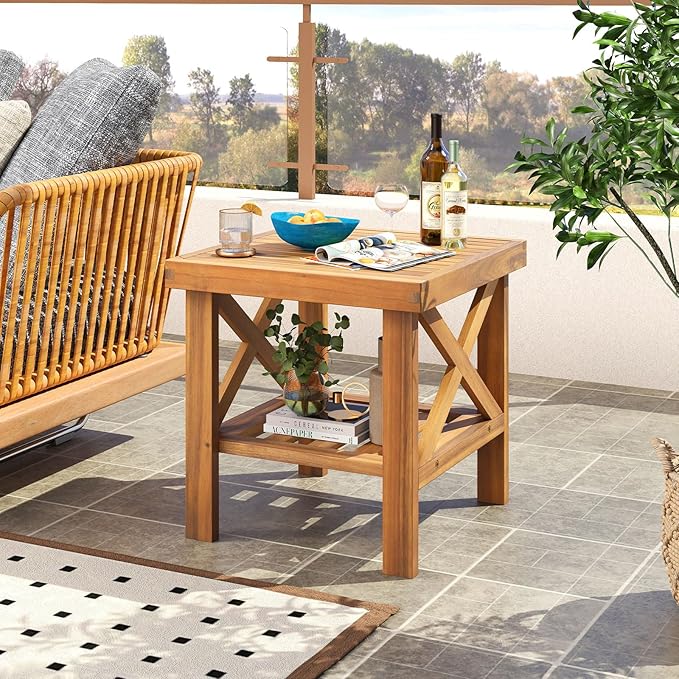 Tangkula Outdoor Side Table, 2-Tier Acacia Wood Adirondack Bistro Small Square Patio Table with Slatted Tabletop & - Photo 8
